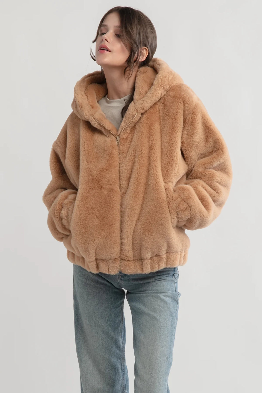 Faux Fur Hooded Bomber Jacket