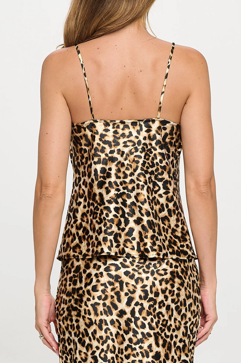 Leopard Print Satin Cowl Neck Tank Top