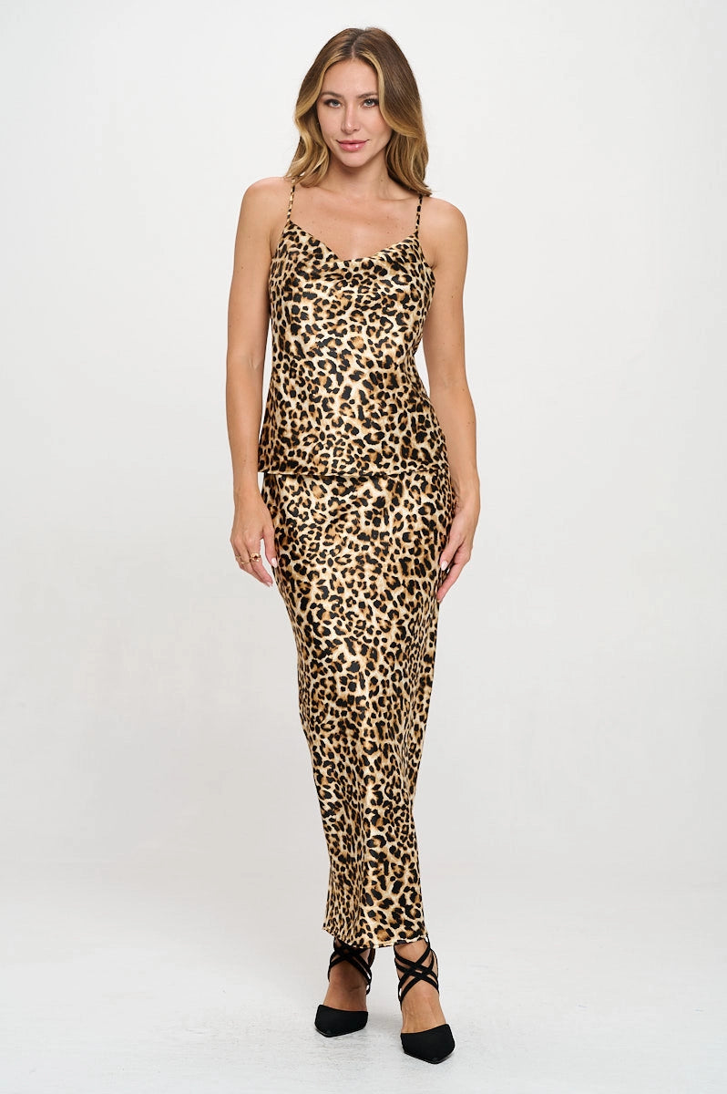 Leopard Print Satin Cowl Neck Tank Top