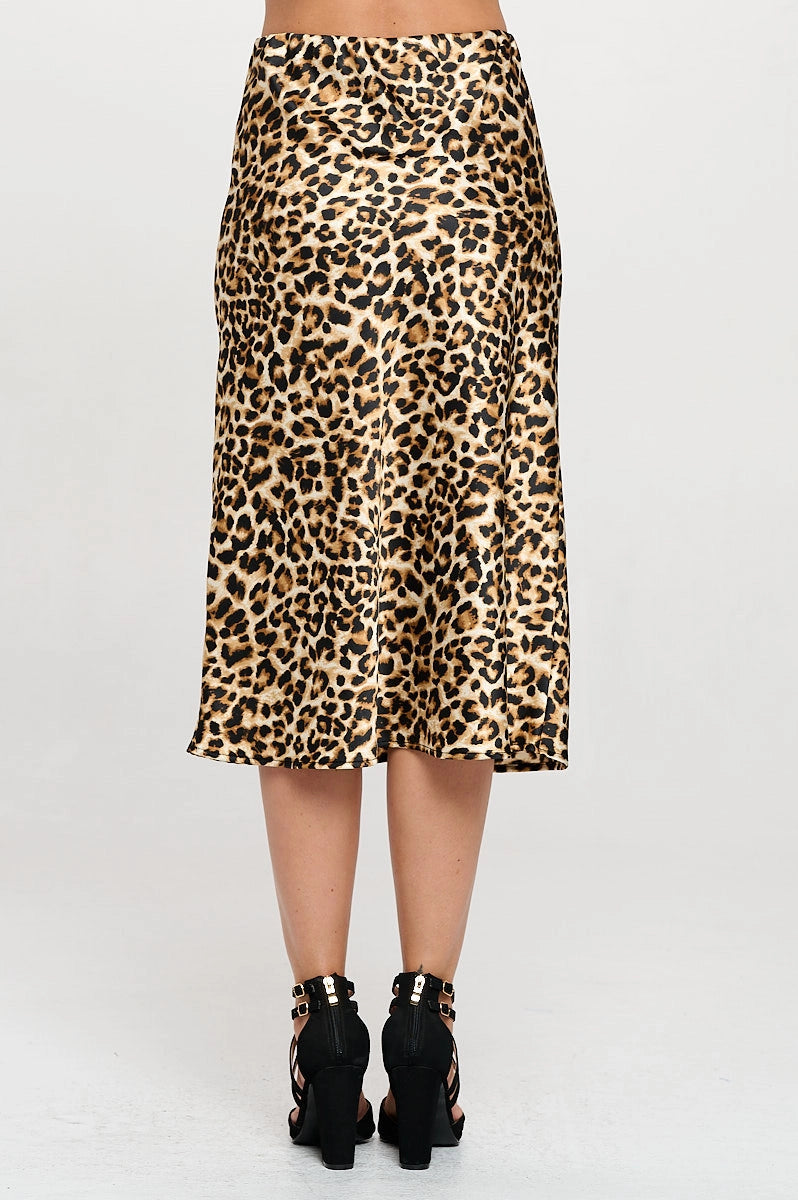 Leopard Print Silky Satin Midi Skirt