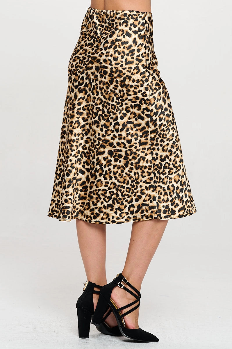 Leopard Print Silky Satin Midi Skirt